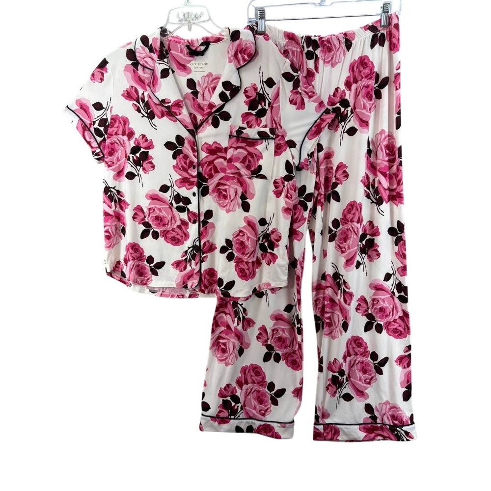 Kate Spade Pajama Set Womens Large Pink White Floral Rose Short Sleeve Pants